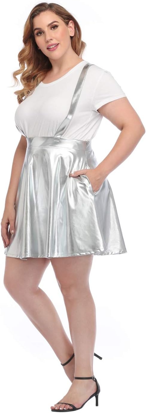 image:imageHDE Plus Size Shiny Metallic Suspender Skirt High Waisted Rave SkirtSpace Silver
