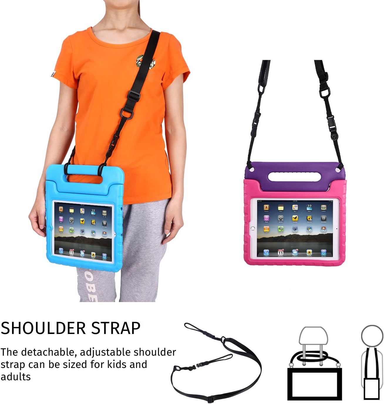 image:imageHDE Shoulder Strap for Shockproof iPad Case Adjustable Carry Strap Compatible with all Shock Proof Apple iPad Cases for Kids Detachable Universal Design Transforms into a Car Headrest Mount