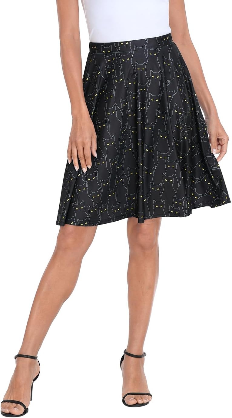 image:imageHDE Skirts for Women Midi Skirt Skater Skirt Knee Length High Waist Fun PrintsBlack Cats