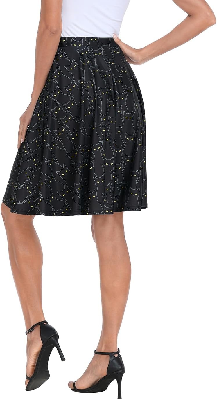 image:imageHDE Skirts for Women Midi Skirt Skater Skirt Knee Length High Waist Fun PrintsBlack Cats