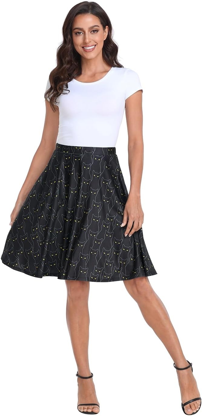 image:imageHDE Skirts for Women Midi Skirt Skater Skirt Knee Length High Waist Fun PrintsBlack Cats