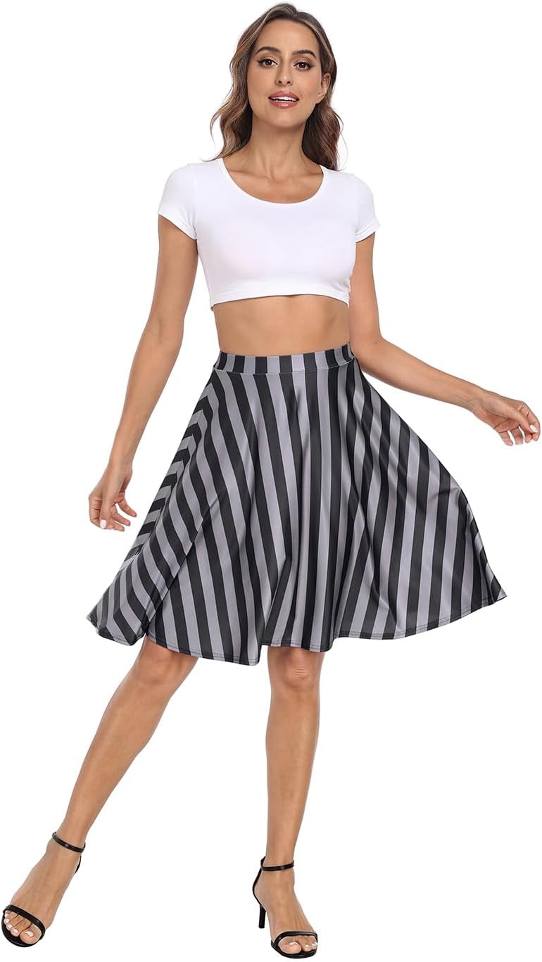 image:imageHDE Skirts for Women Midi Skirt Skater Skirt Knee Length High Waist Fun PrintsBlack and Gray Vertical Stripes