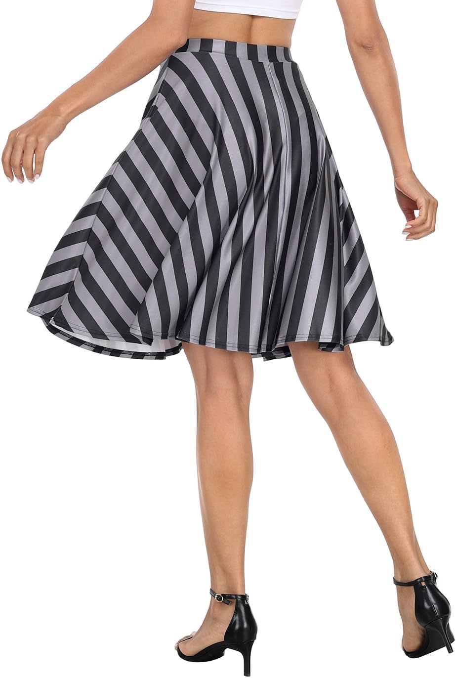 image:imageHDE Skirts for Women Midi Skirt Skater Skirt Knee Length High Waist Fun PrintsBlack and Gray Vertical Stripes