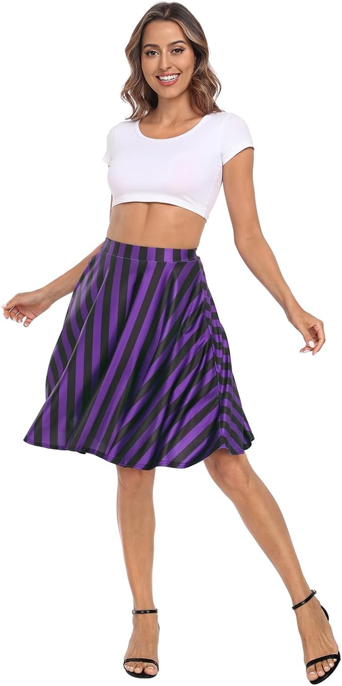 image:imageHDE Skirts for Women Midi Skirt Skater Skirt Knee Length High Waist Fun PrintsBlack and Purple Vertical Stripes