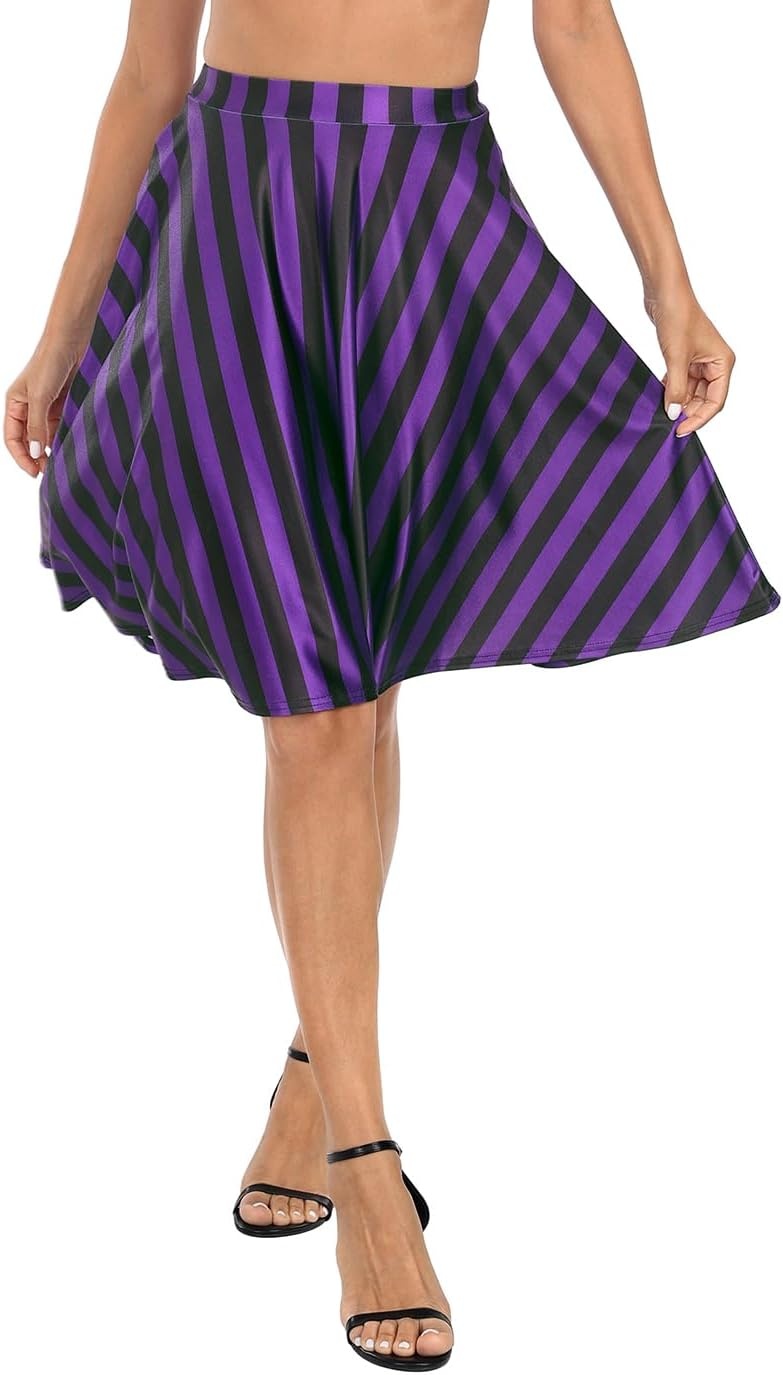 image:imageHDE Skirts for Women Midi Skirt Skater Skirt Knee Length High Waist Fun PrintsBlack and Purple Vertical Stripes