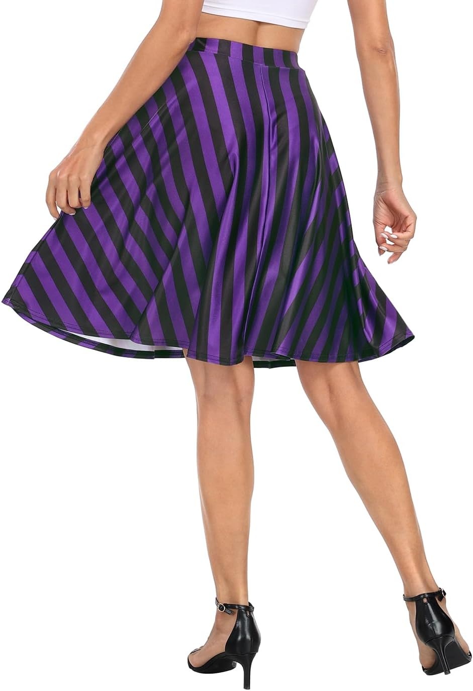 image:imageHDE Skirts for Women Midi Skirt Skater Skirt Knee Length High Waist Fun PrintsBlack and Purple Vertical Stripes