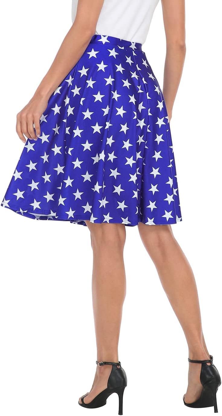 image:imageHDE Skirts for Women Midi Skirt Skater Skirt Knee Length High Waist Fun PrintsBlue White Stars