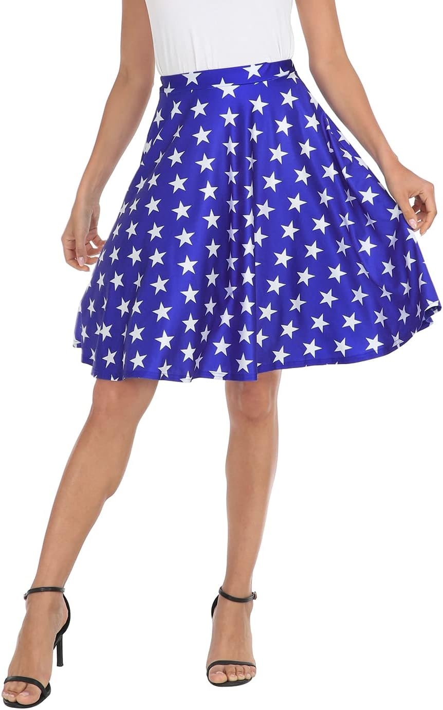 image:imageHDE Skirts for Women Midi Skirt Skater Skirt Knee Length High Waist Fun PrintsBlue White Stars