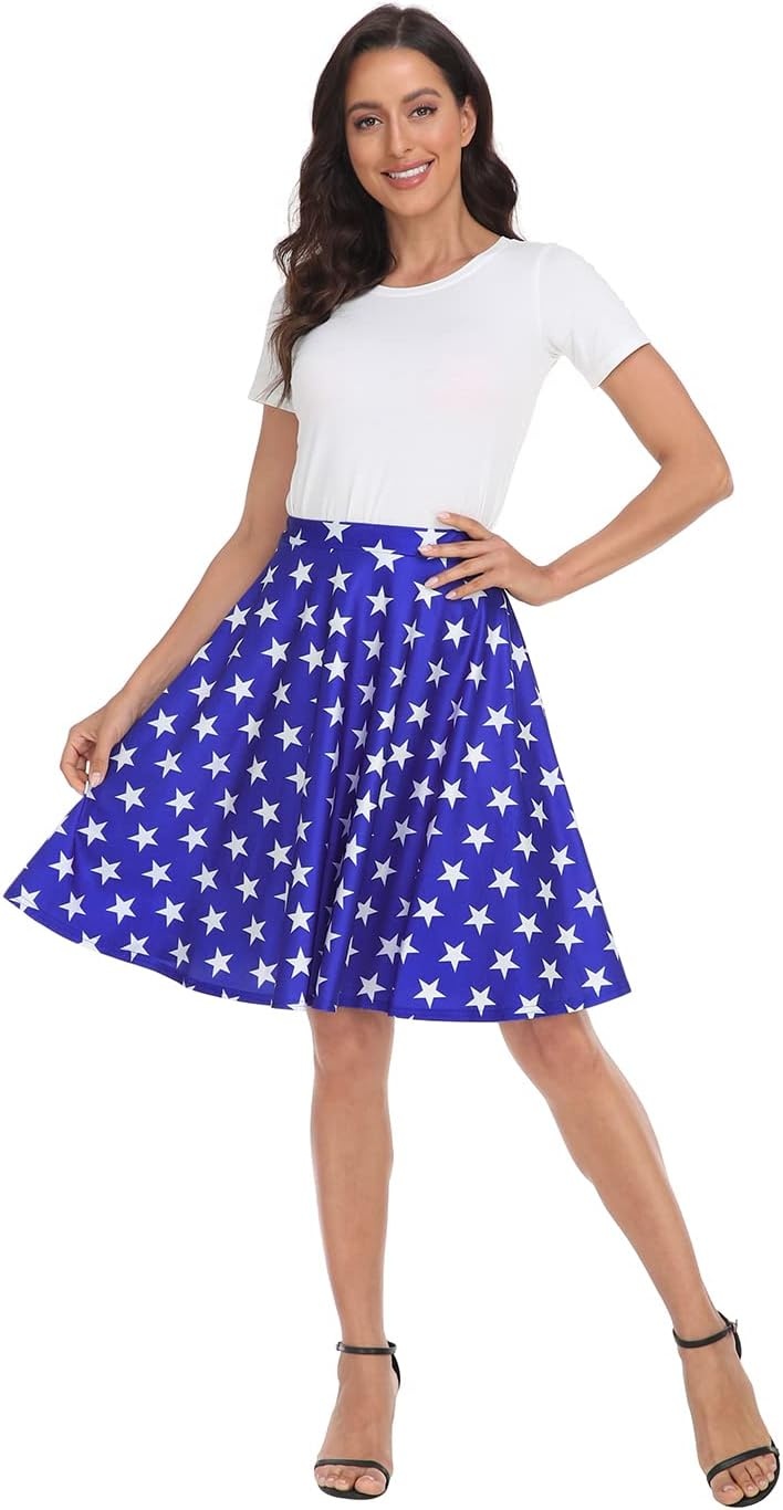 image:imageHDE Skirts for Women Midi Skirt Skater Skirt Knee Length High Waist Fun PrintsBlue White Stars