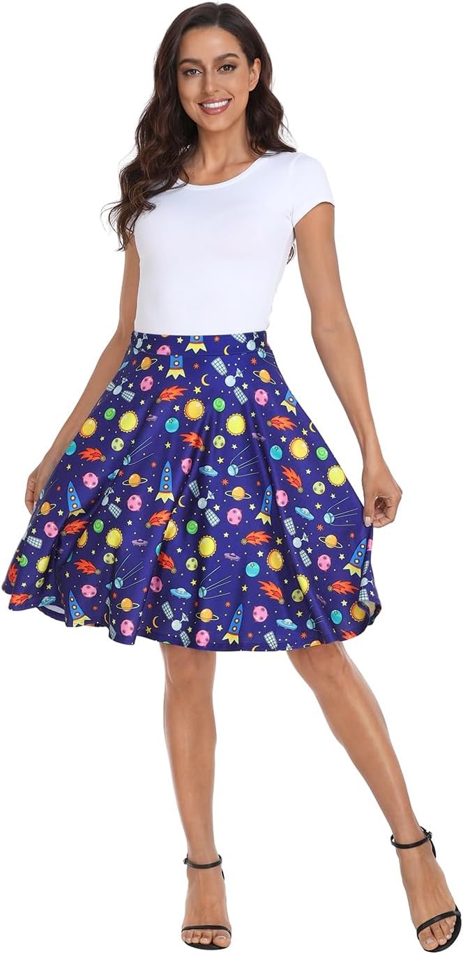 image:imageHDE Skirts for Women Midi Skirt Skater Skirt Knee Length High Waist Fun PrintsMagic Outer Space