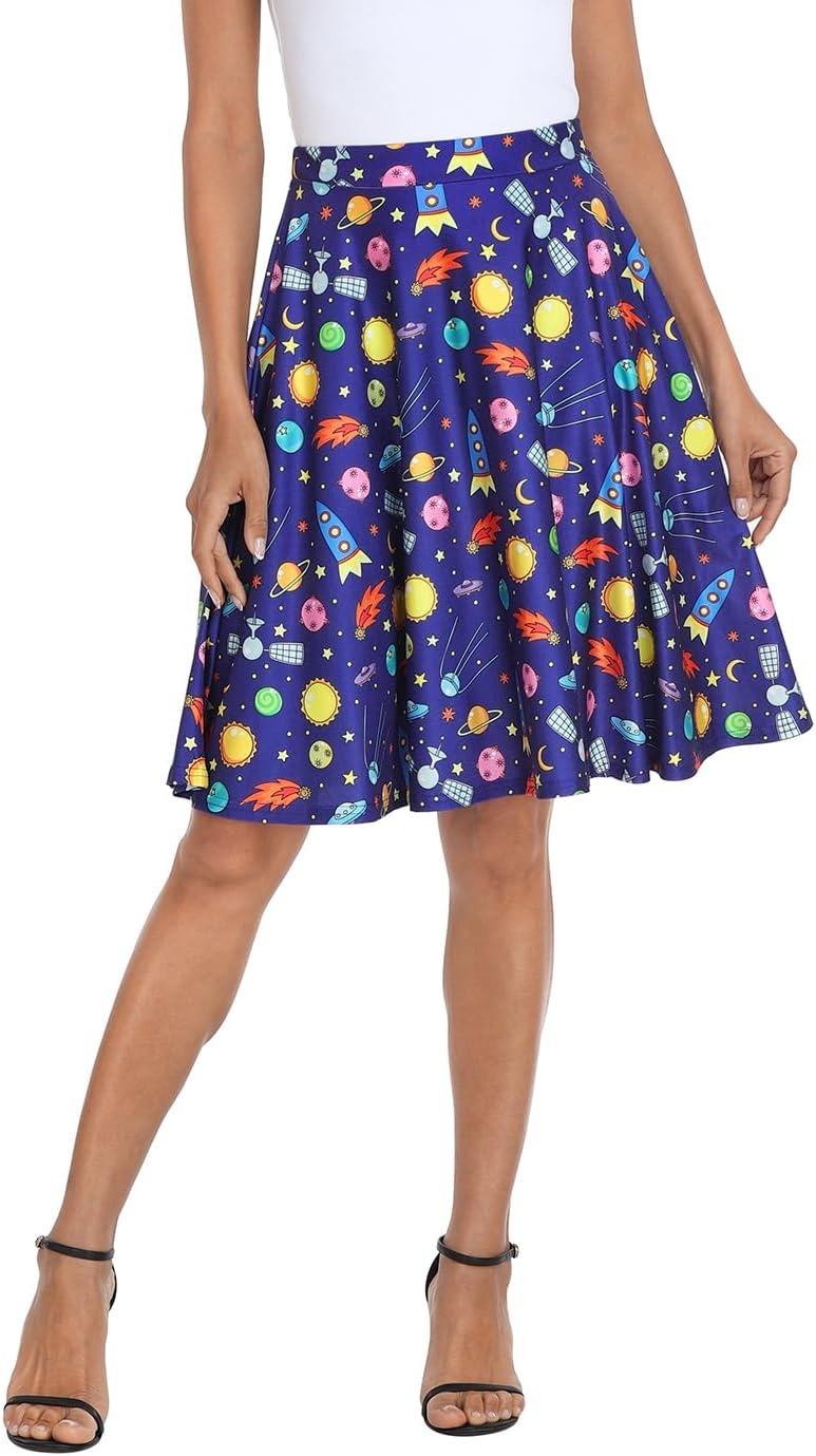 image:imageHDE Skirts for Women Midi Skirt Skater Skirt Knee Length High Waist Fun PrintsMagic Outer Space