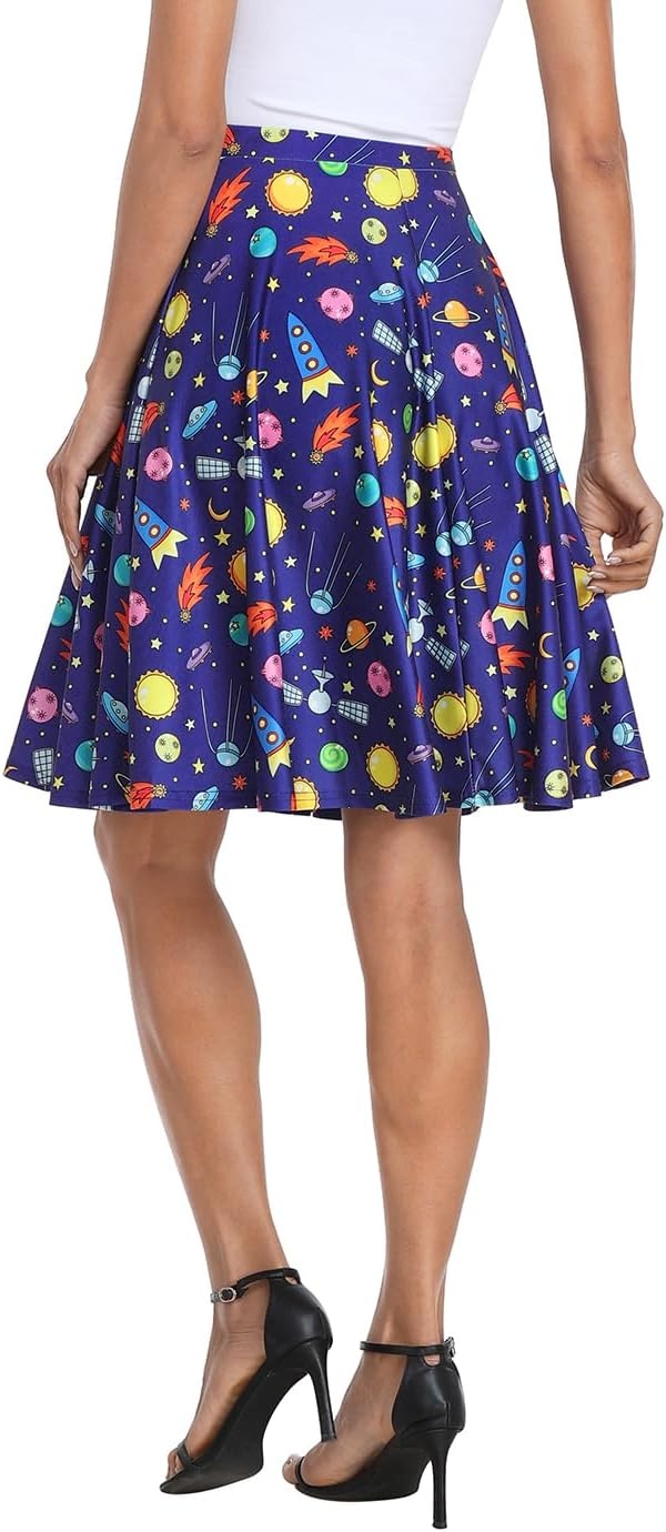 image:imageHDE Skirts for Women Midi Skirt Skater Skirt Knee Length High Waist Fun PrintsMagic Outer Space