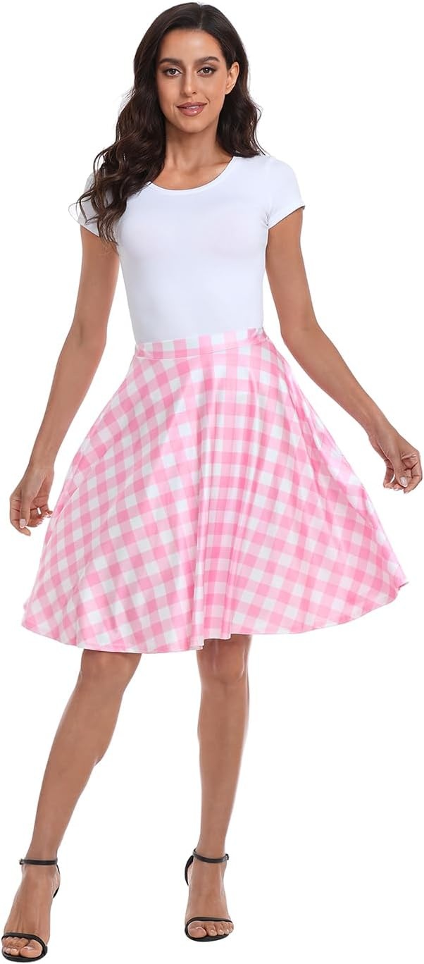 image:imageHDE Skirts for Women Midi Skirt Skater Skirt Knee Length High Waist Fun PrintsPink Gingham