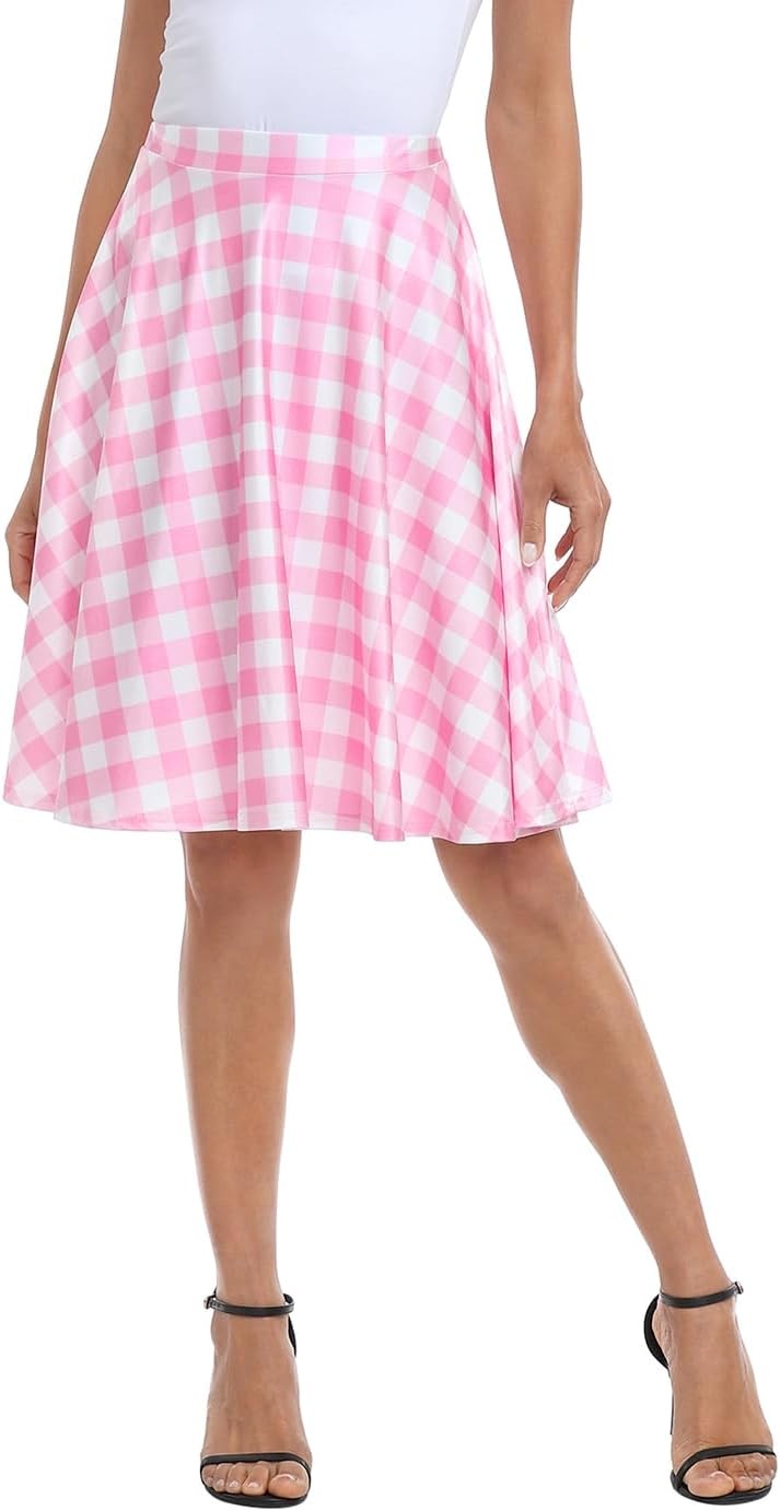 image:imageHDE Skirts for Women Midi Skirt Skater Skirt Knee Length High Waist Fun PrintsPink Gingham