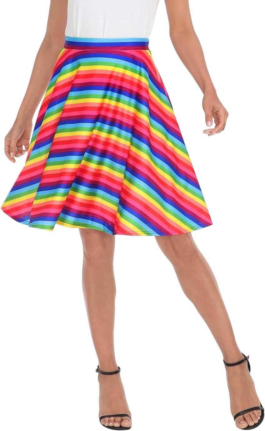 image:imageHDE Skirts for Women Midi Skirt Skater Skirt Knee Length High Waist Fun PrintsRainbow
