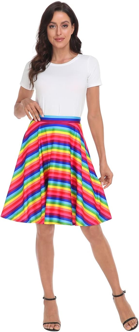 image:imageHDE Skirts for Women Midi Skirt Skater Skirt Knee Length High Waist Fun PrintsRainbow