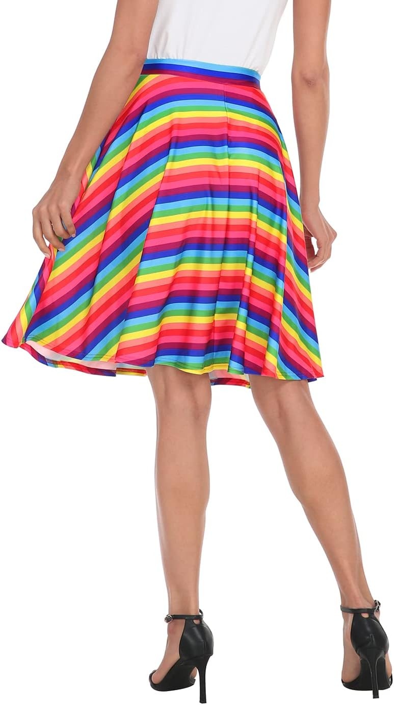 image:imageHDE Skirts for Women Midi Skirt Skater Skirt Knee Length High Waist Fun PrintsRainbow