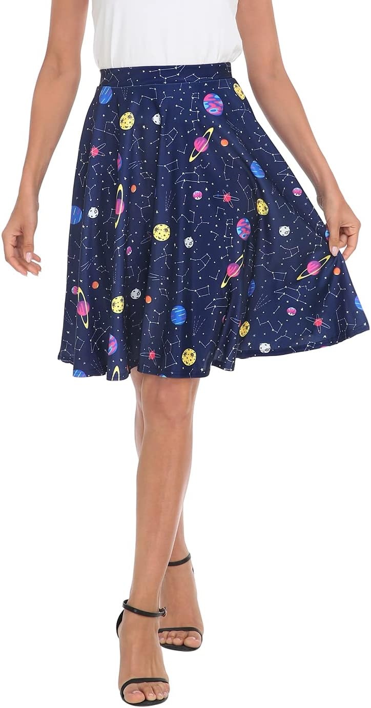 image:imageHDE Skirts for Women Midi Skirt Skater Skirt Knee Length High Waist Fun PrintsSolar System