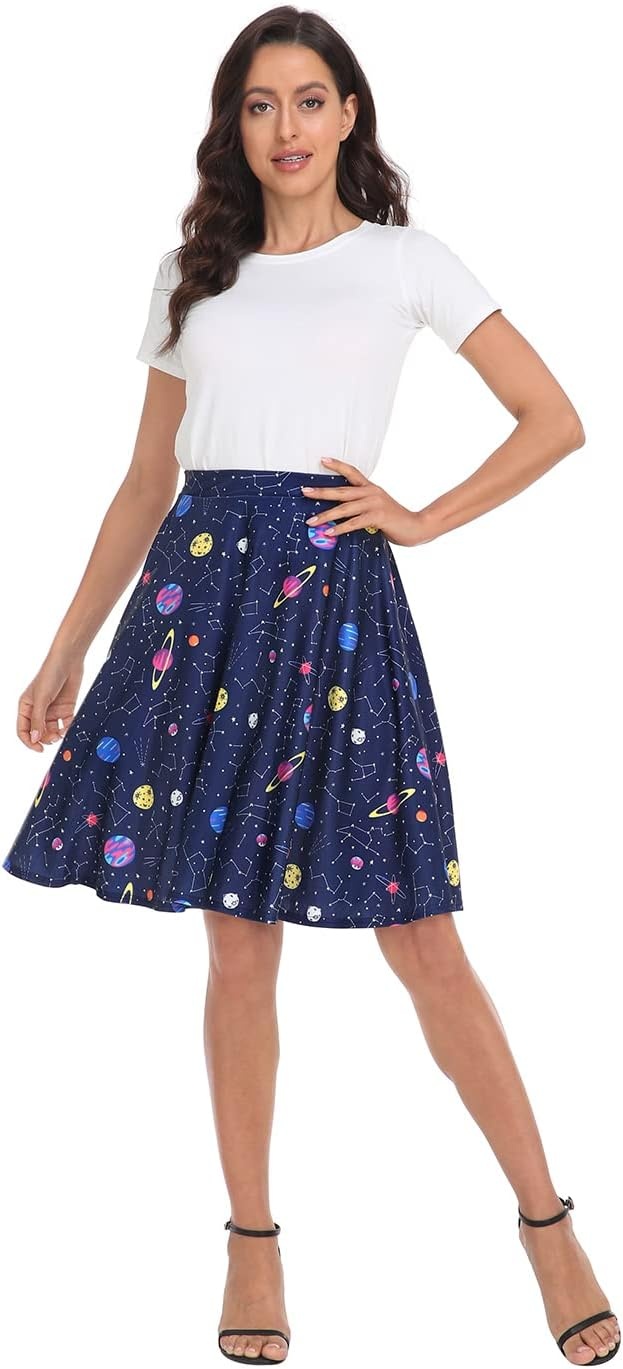 image:imageHDE Skirts for Women Midi Skirt Skater Skirt Knee Length High Waist Fun PrintsSolar System