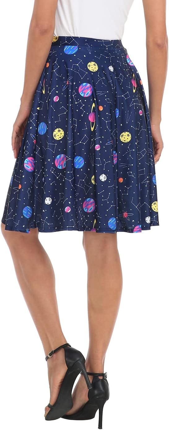 image:imageHDE Skirts for Women Midi Skirt Skater Skirt Knee Length High Waist Fun PrintsSolar System