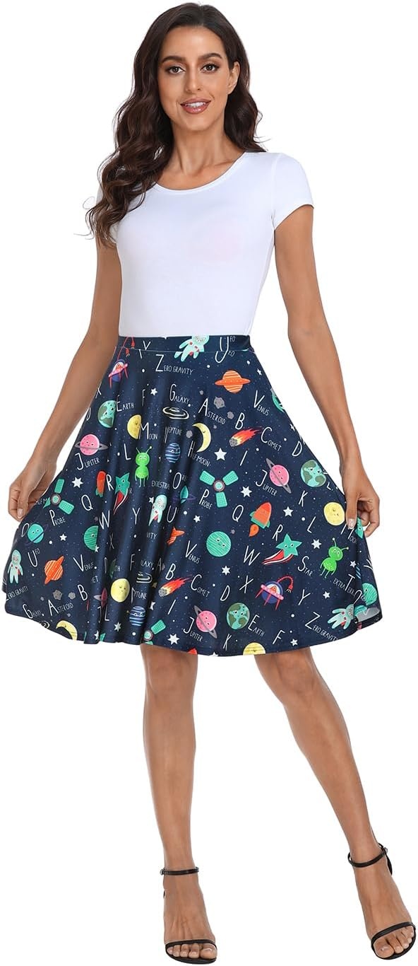 image:imageHDE Skirts for Women Midi Skirt Skater Skirt Knee Length High Waist Fun PrintsSpace Alphabet