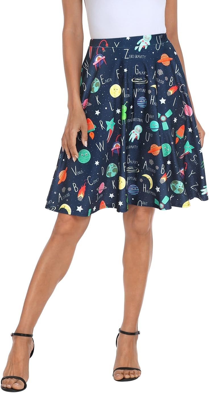 image:imageHDE Skirts for Women Midi Skirt Skater Skirt Knee Length High Waist Fun PrintsSpace Alphabet