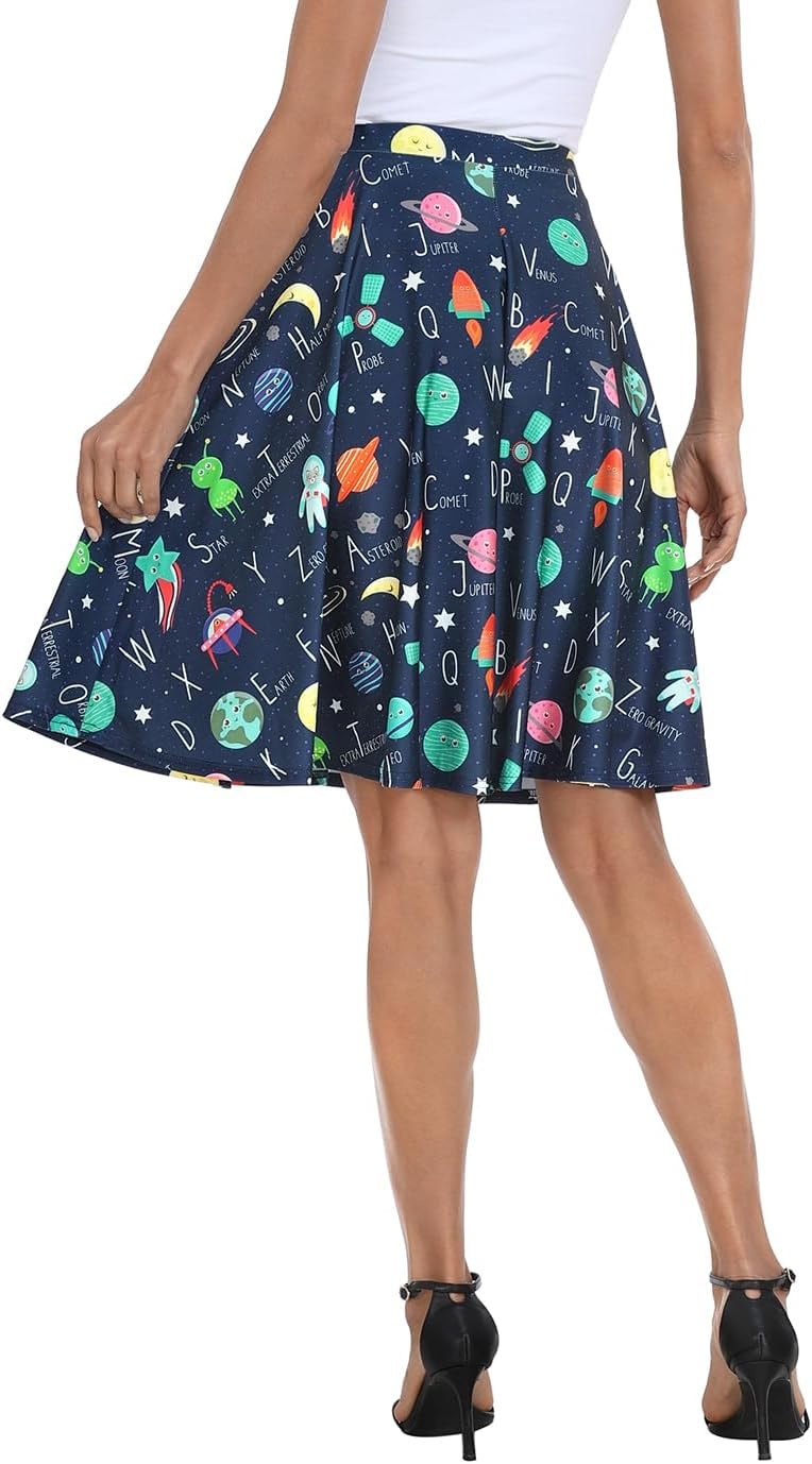 image:imageHDE Skirts for Women Midi Skirt Skater Skirt Knee Length High Waist Fun PrintsSpace Alphabet