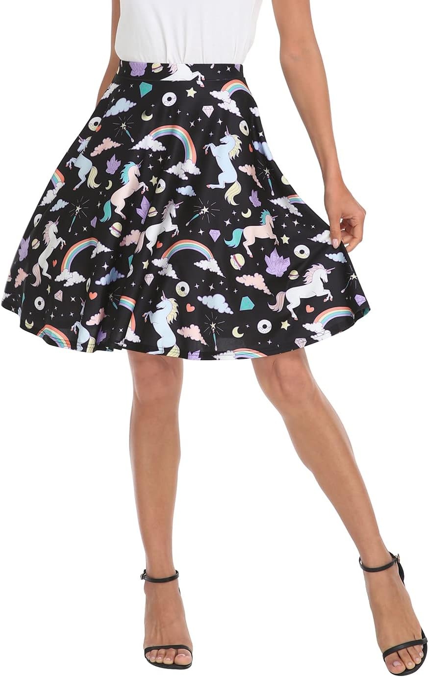 image:imageHDE Skirts for Women Midi Skirt Skater Skirt Knee Length High Waist Fun PrintsUnicorns and Rainbows