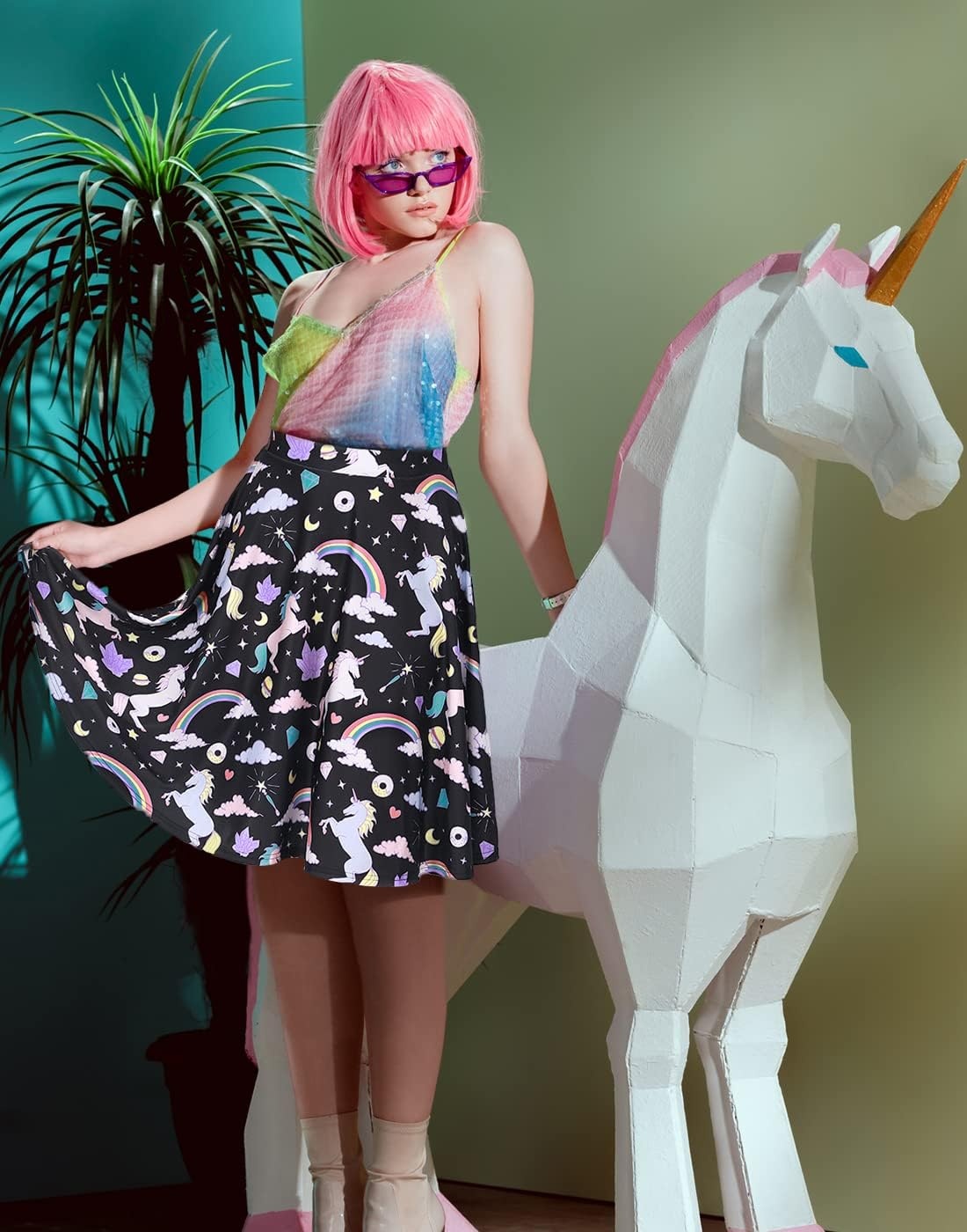 image:imageHDE Skirts for Women Midi Skirt Skater Skirt Knee Length High Waist Fun PrintsUnicorns and Rainbows
