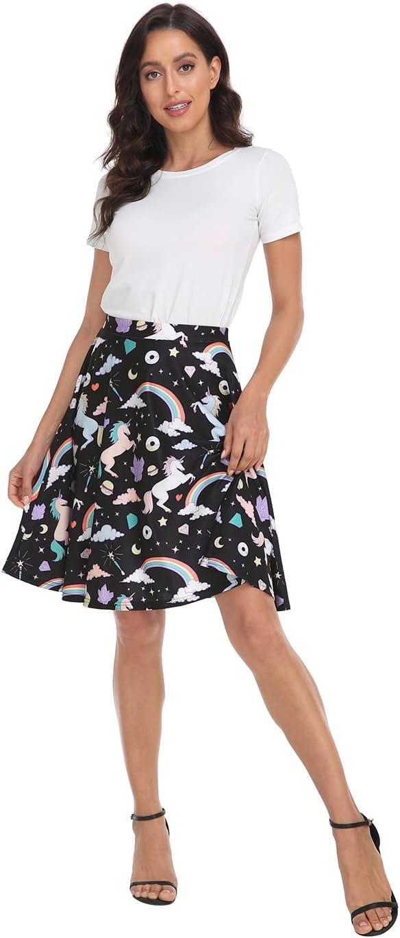 image:imageHDE Skirts for Women Midi Skirt Skater Skirt Knee Length High Waist Fun PrintsUnicorns and Rainbows