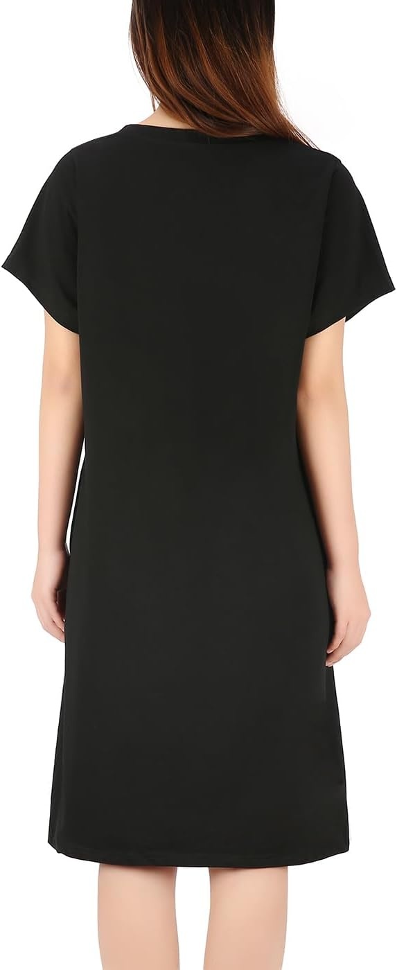 image:imageHDE Womens Cotton Sleepwear Nightgowns Short Sleeve Sleepshirt Print Night Shirt Loungewear Pajama Shirt Dress Plus Size S5XI Need Coffee Black
