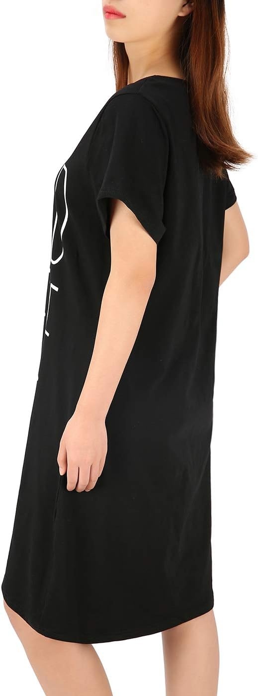 image:imageHDE Womens Cotton Sleepwear Nightgowns Short Sleeve Sleepshirt Print Night Shirt Loungewear Pajama Shirt Dress Plus Size S5XI Need Coffee Black