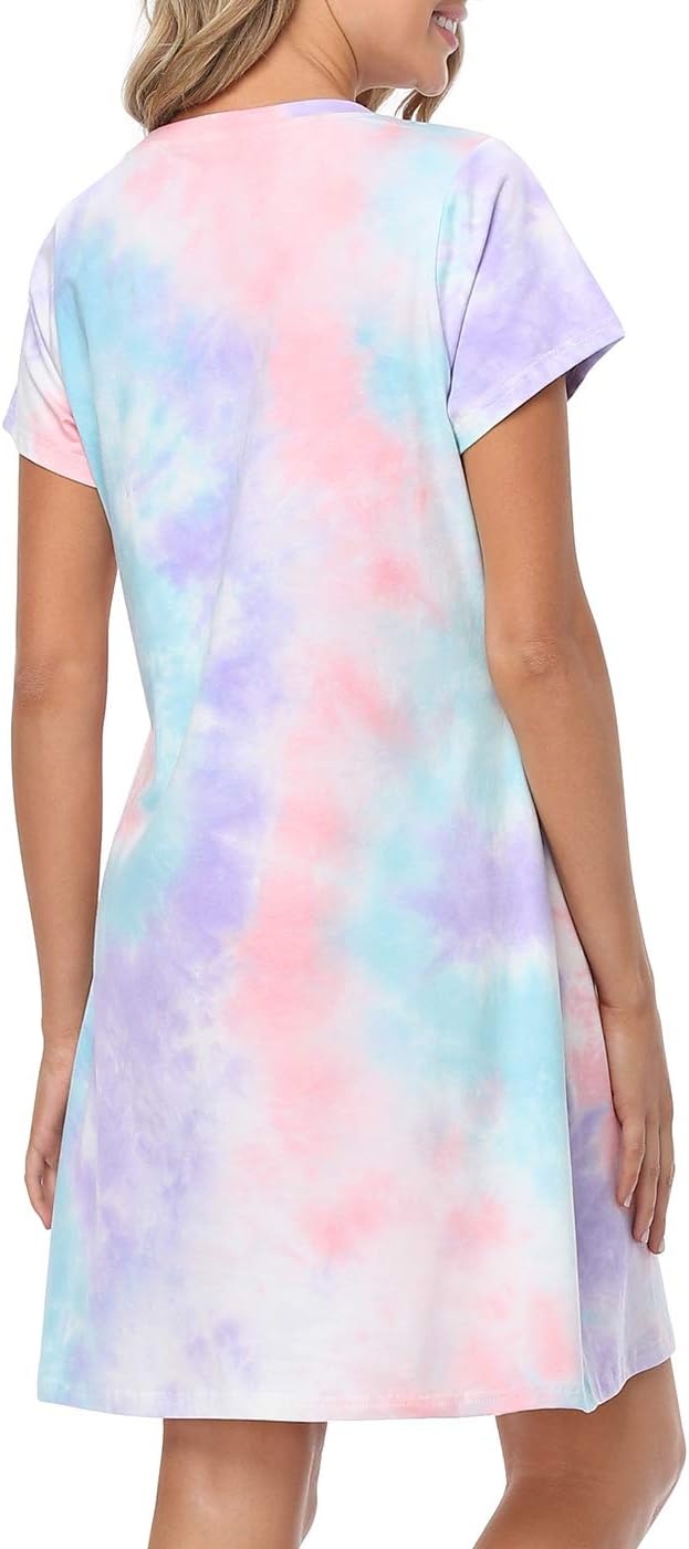 image:imageHDE Womens Cotton Sleepwear Nightgowns Short Sleeve Sleepshirt Print Night Shirt Loungewear Pajama Shirt Dress Plus Size S5XI Need Coffee Tie Dye