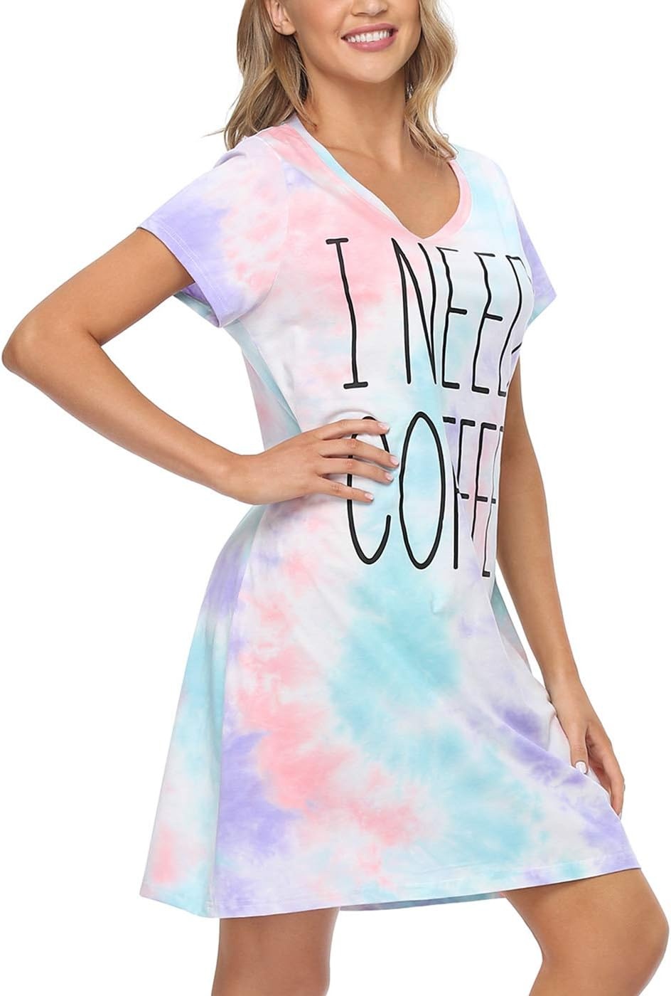image:imageHDE Womens Cotton Sleepwear Nightgowns Short Sleeve Sleepshirt Print Night Shirt Loungewear Pajama Shirt Dress Plus Size S5XI Need Coffee Tie Dye