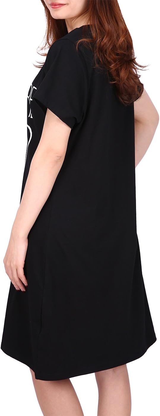 image:imageHDE Womens Cotton Sleepwear Nightgowns Short Sleeve Sleepshirt Print Night Shirt Loungewear Pajama Shirt Dress Plus Size S5XNeed More Sleep Black