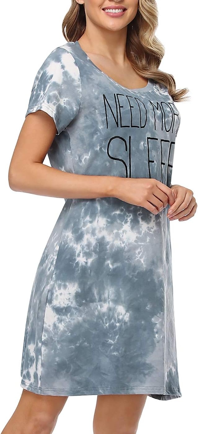 image:imageHDE Womens Cotton Sleepwear Nightgowns Short Sleeve Sleepshirt Print Night Shirt Loungewear Pajama Shirt Dress Plus Size S5XNeed More Sleep Tie Dye