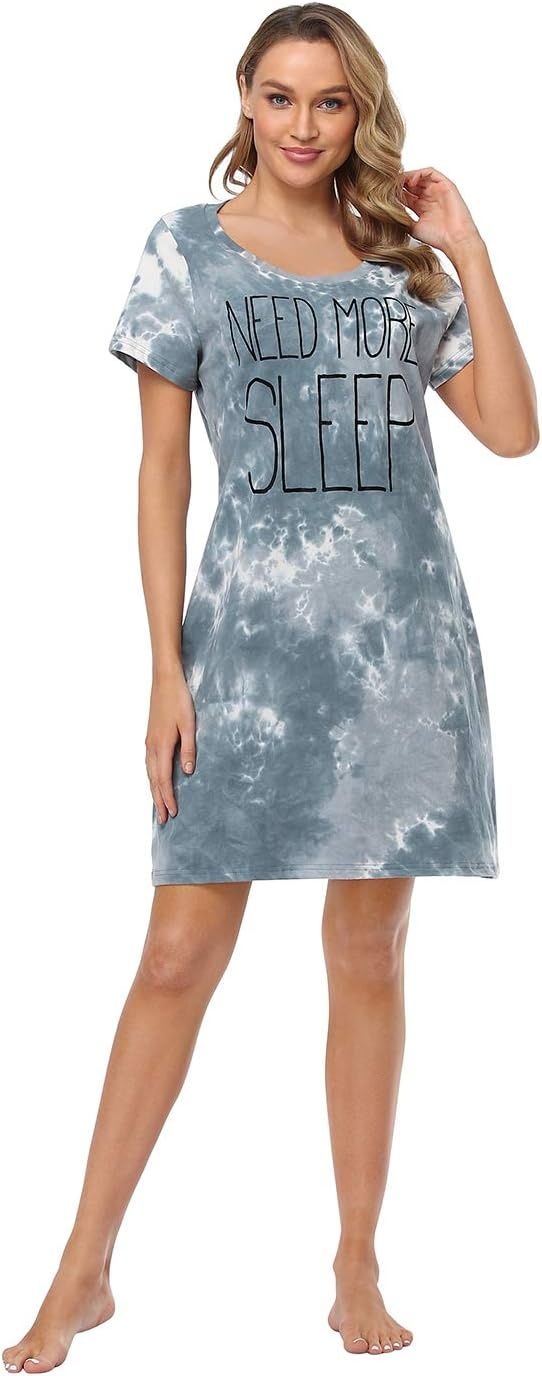 image:imageHDE Womens Cotton Sleepwear Nightgowns Short Sleeve Sleepshirt Print Night Shirt Loungewear Pajama Shirt Dress Plus Size S5XNeed More Sleep Tie Dye