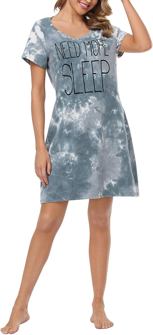 image:imageHDE Womens Cotton Sleepwear Nightgowns Short Sleeve Sleepshirt Print Night Shirt Loungewear Pajama Shirt Dress Plus Size S5XNeed More Sleep Tie Dye
