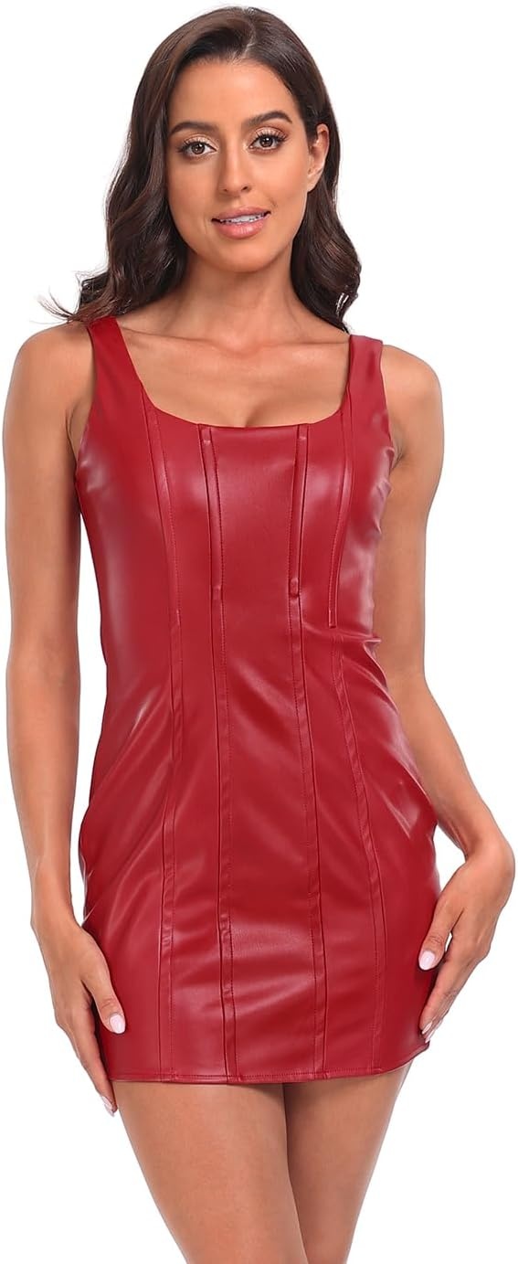 image:imageHDE Womens Faux Leather Square Neck Mini Dress Sexy Bodycon Party Club DressesRed