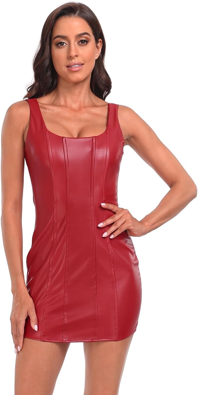 image:imageHDE Womens Faux Leather Square Neck Mini Dress Sexy Bodycon Party Club DressesRed