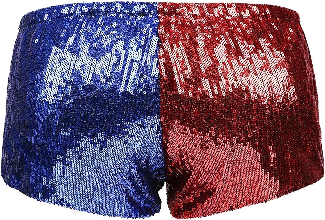 image:imageHDE Womens Metallic Sequin Booty Shorts for Harley Misfit Halloween CostumeRed and Blue