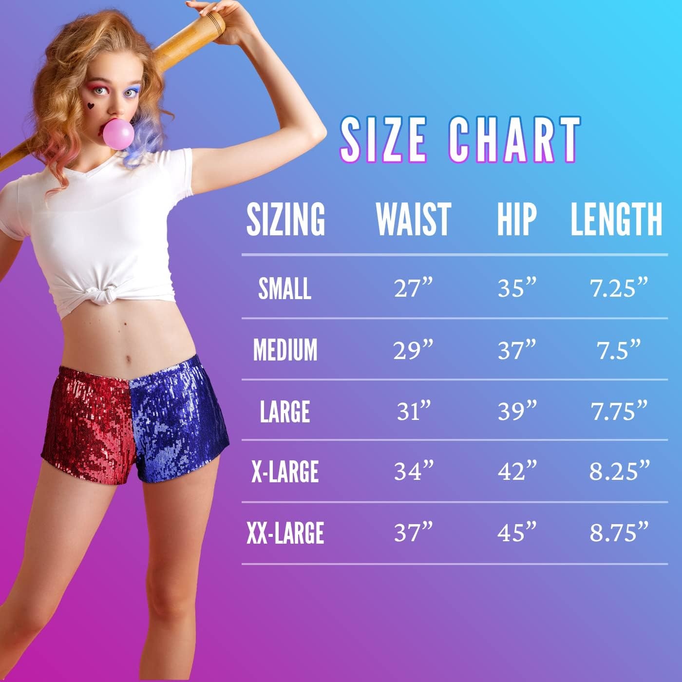 image:imageHDE Womens Metallic Sequin Booty Shorts for Harley Misfit Halloween CostumeRed and Blue
