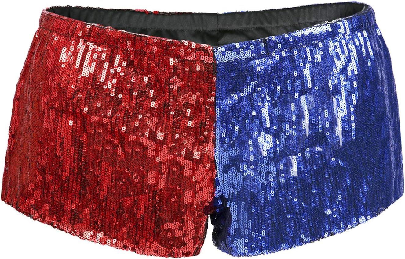 image:imageHDE Womens Metallic Sequin Booty Shorts for Harley Misfit Halloween CostumeRed and Blue