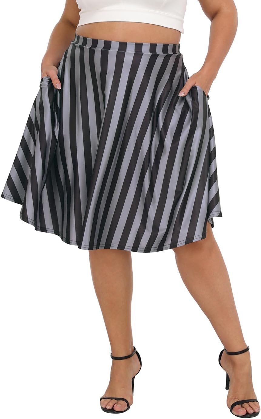 image:imageHDE Womens Plus Size Midi Skater Skirt High Waist Knee Length Skirt with PocketsBlack and Gray Vertical Stripes