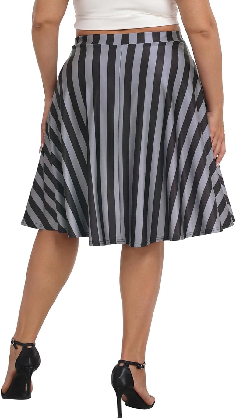 image:imageHDE Womens Plus Size Midi Skater Skirt High Waist Knee Length Skirt with PocketsBlack and Gray Vertical Stripes