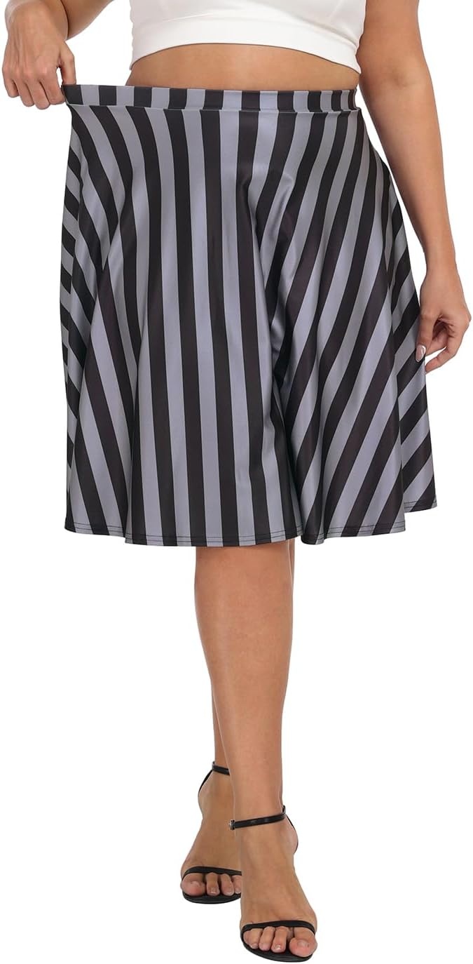 image:imageHDE Womens Plus Size Midi Skater Skirt High Waist Knee Length Skirt with PocketsBlack and Gray Vertical Stripes