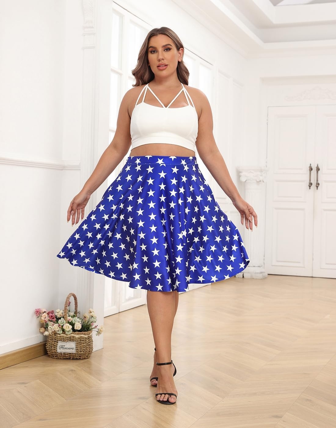 image:imageHDE Womens Plus Size Midi Skater Skirt High Waist Knee Length Skirt with PocketsBlue White Stars