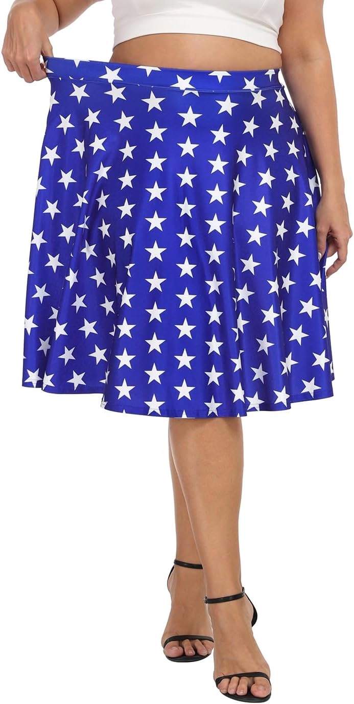 image:imageHDE Womens Plus Size Midi Skater Skirt High Waist Knee Length Skirt with PocketsBlue White Stars