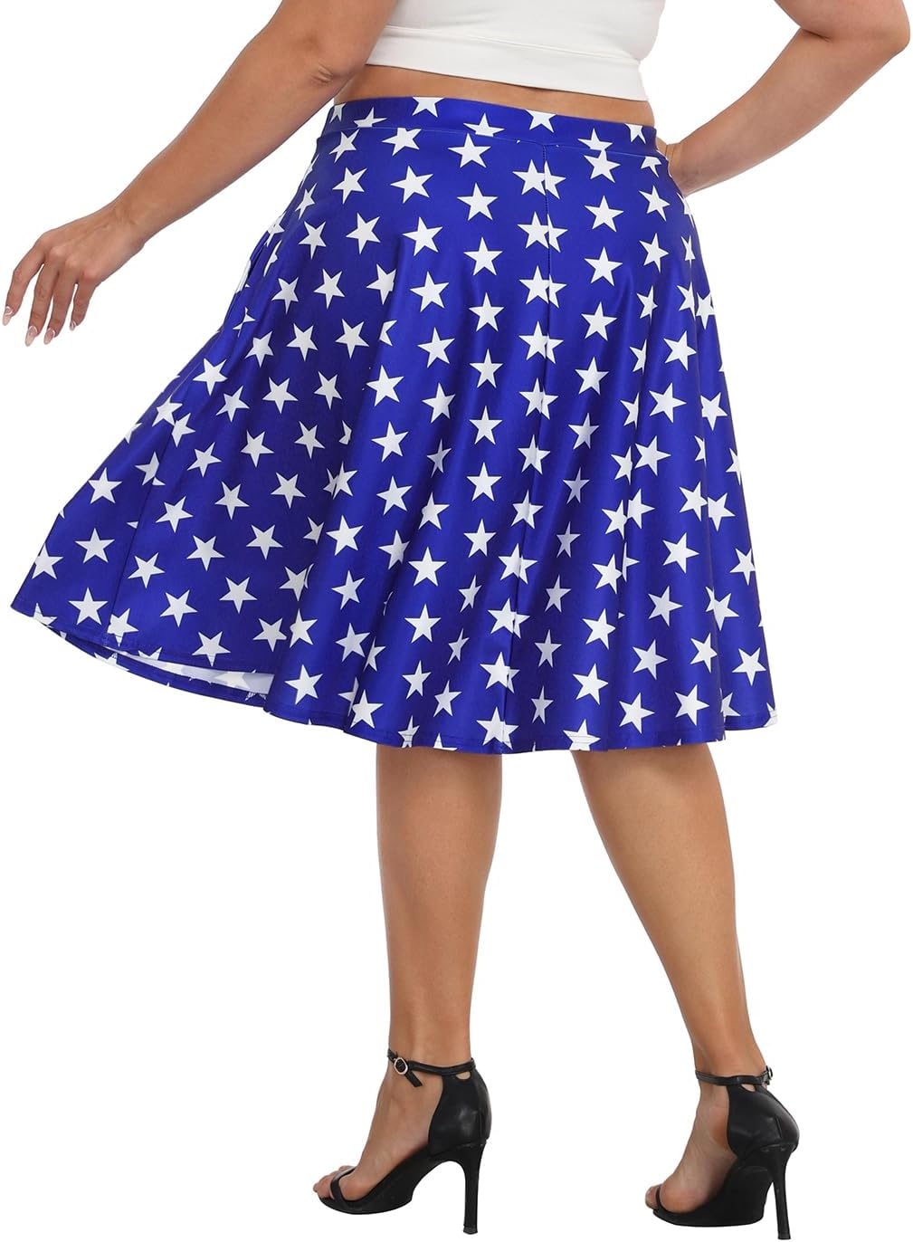 image:imageHDE Womens Plus Size Midi Skater Skirt High Waist Knee Length Skirt with PocketsBlue White Stars