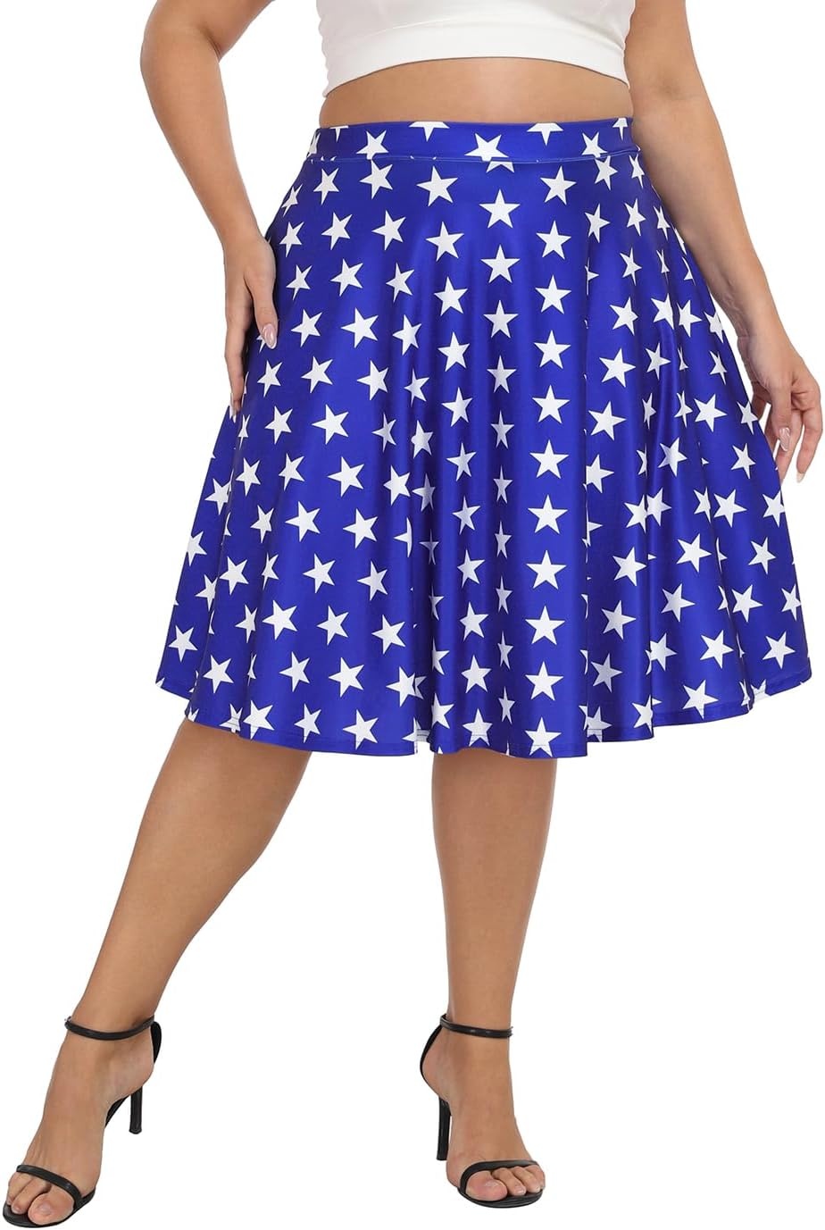 image:imageHDE Womens Plus Size Midi Skater Skirt High Waist Knee Length Skirt with PocketsBlue White Stars